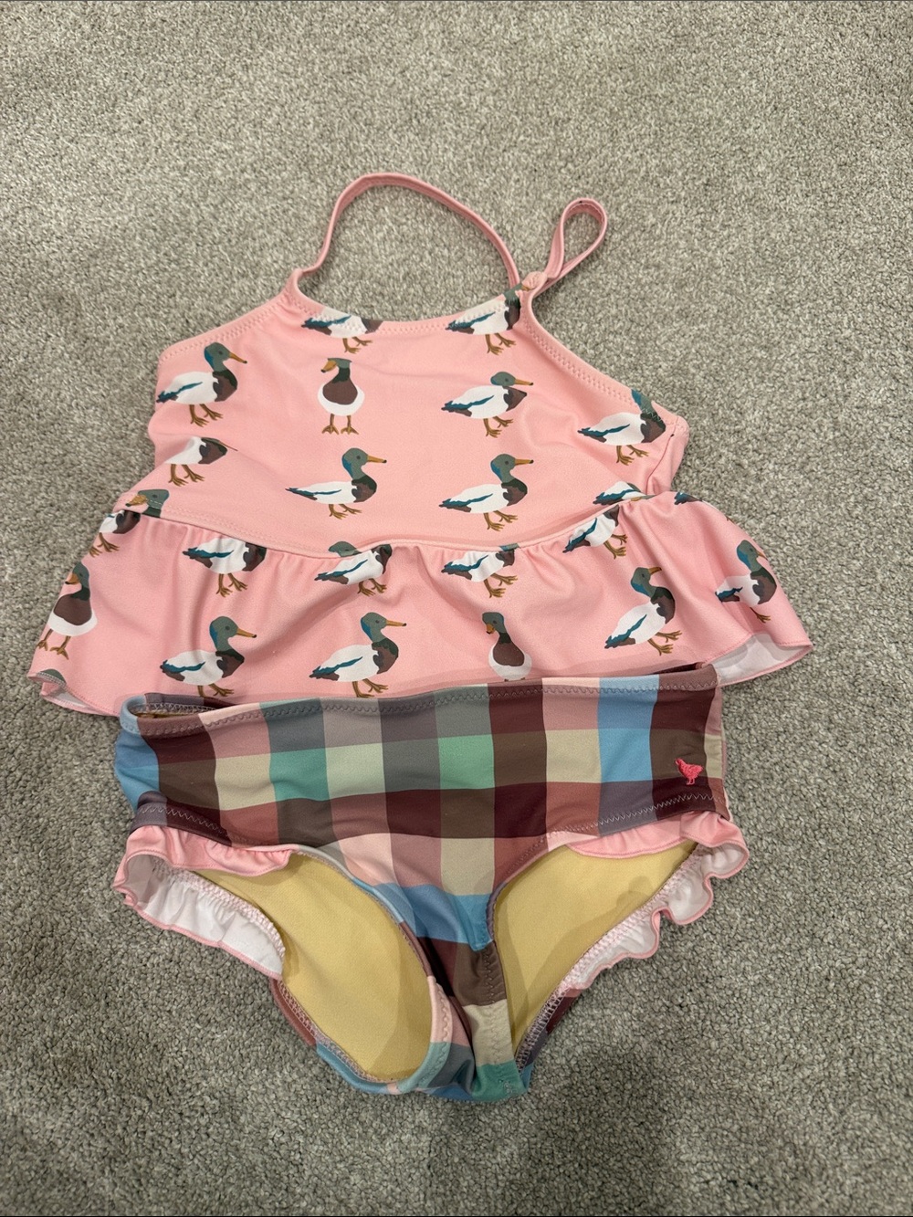 Pink Chicken Girls Pink Duck Print Tankini with Plaid Bottoms